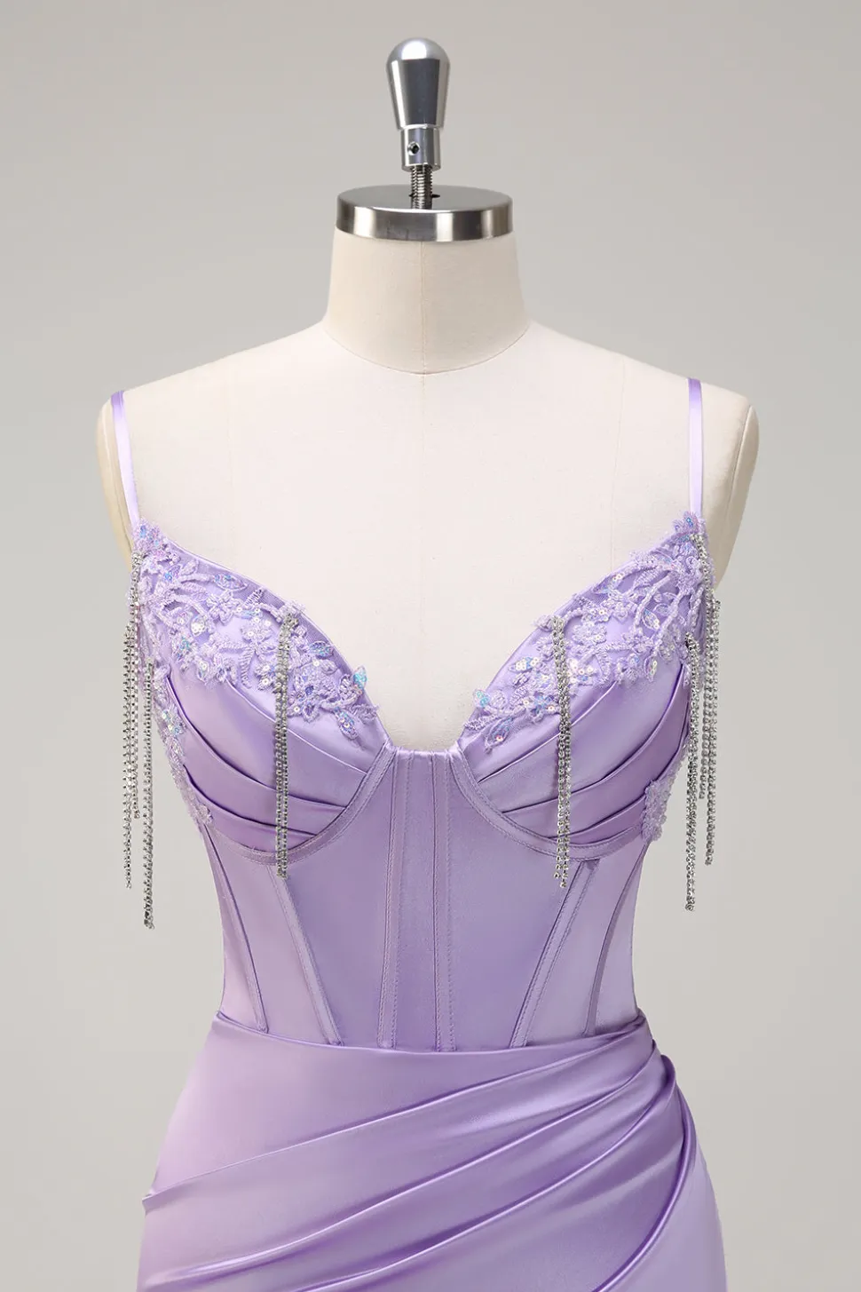 Lilás Sereia Esparguete Correias Ruched Corset Long Prom Dress With Beading