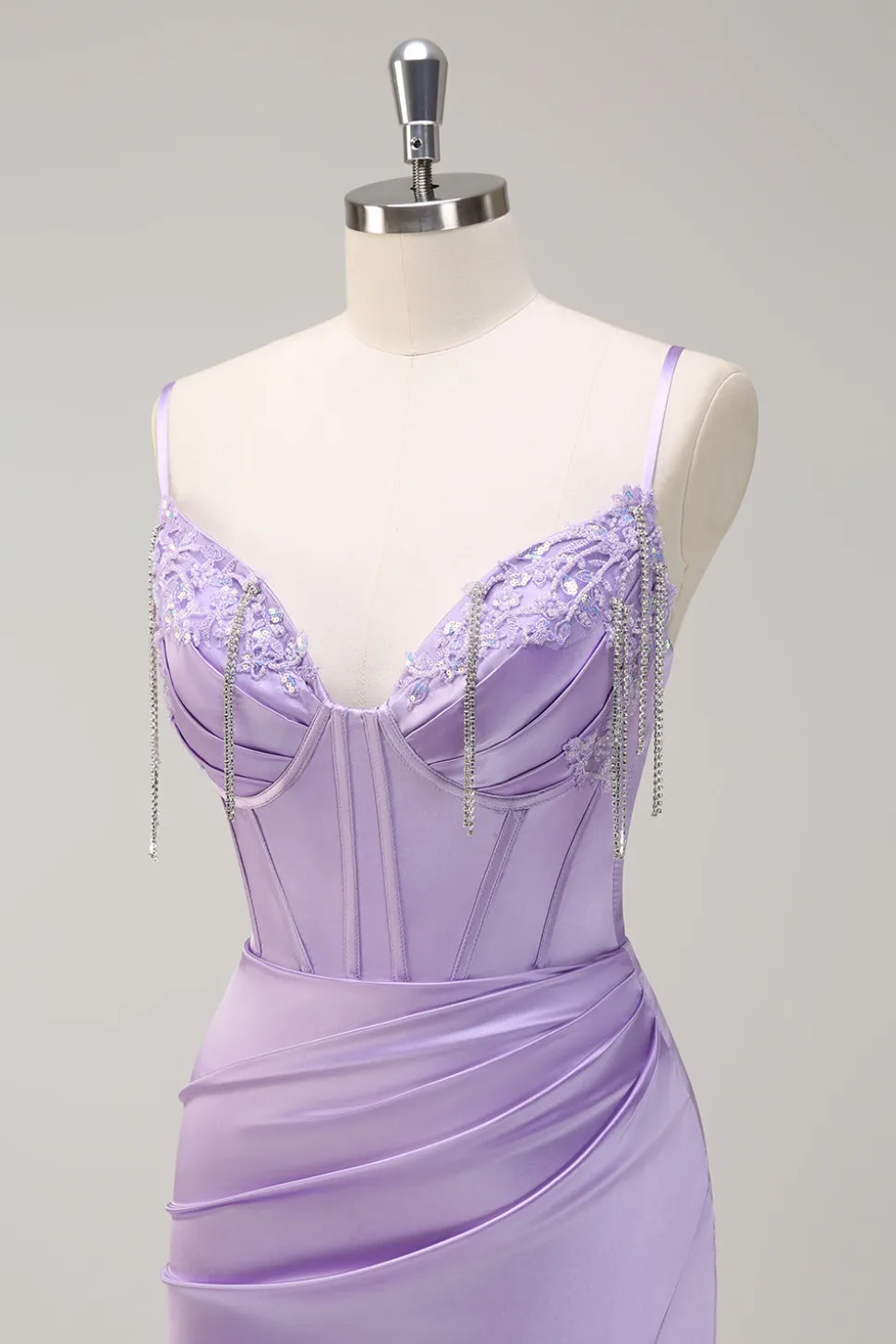 Lilás Sereia Esparguete Correias Ruched Corset Long Prom Dress With Beading