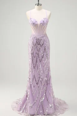 Lilás Sereia Esparguete Correias Corset Lantejoulas Vestido Longo Baile