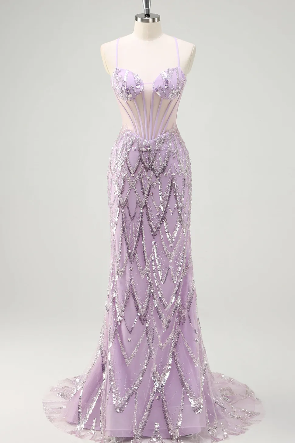 Lilás Sereia Esparguete Correias Corset Lantejoulas Vestido Longo Baile