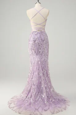 Lilás Sereia Esparguete Correias Corset Lantejoulas Vestido Longo Baile