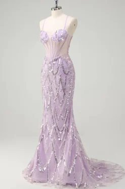 Lilás Sereia Esparguete Correias Corset Lantejoulas Vestido Longo Baile