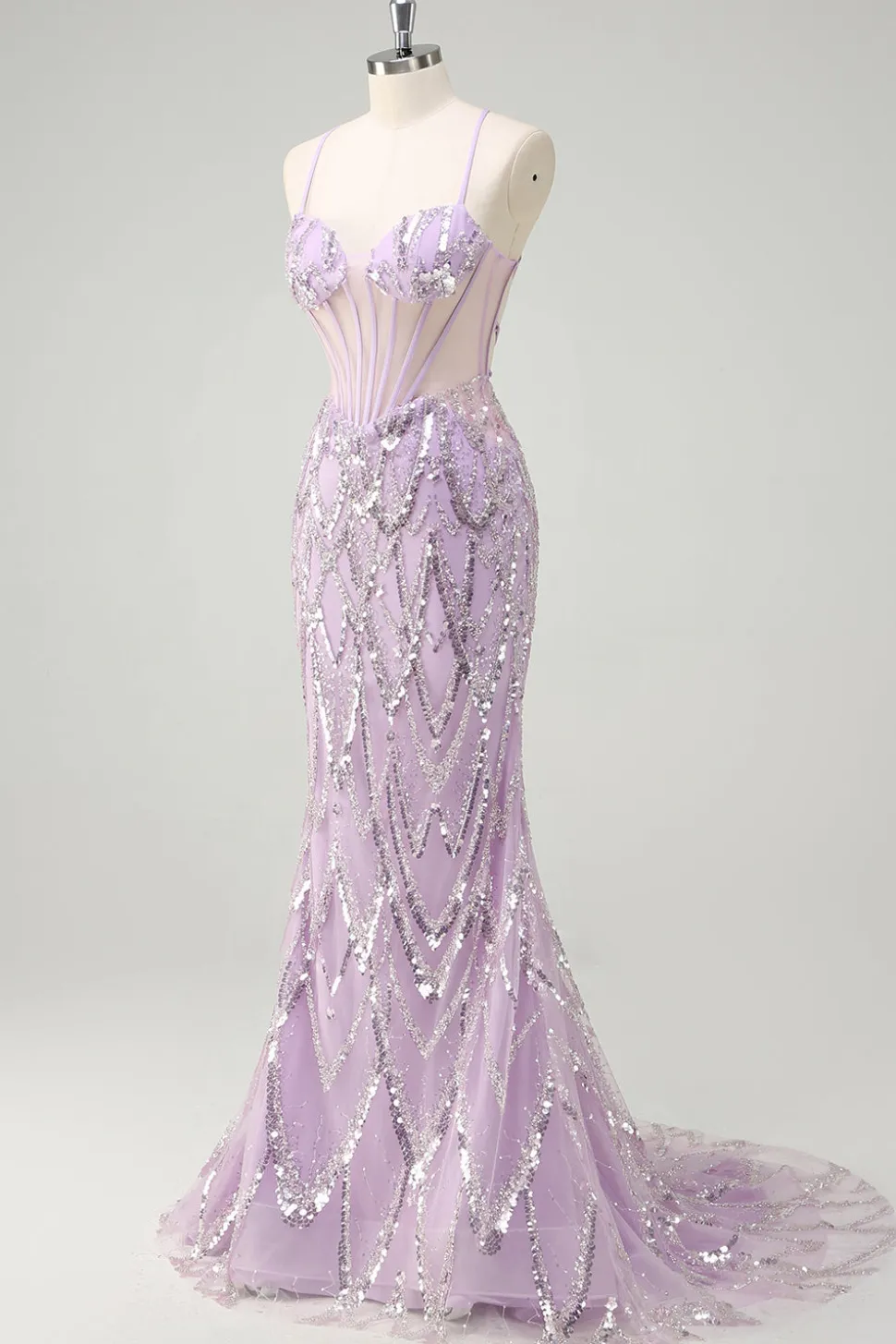 Lilás Sereia Esparguete Correias Corset Lantejoulas Vestido Longo Baile