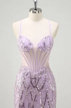 Lilás Sereia Esparguete Correias Corset Lantejoulas Vestido Longo Baile