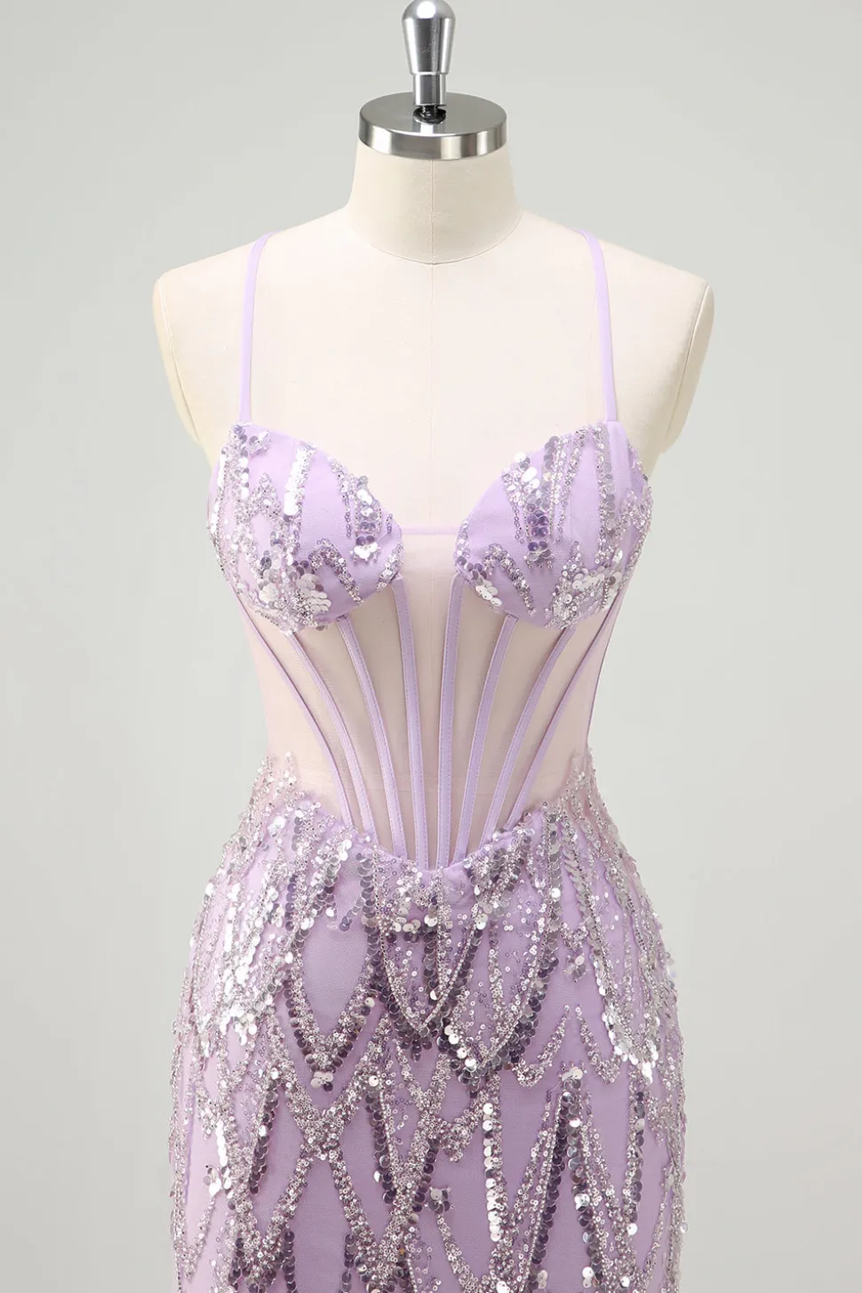 Lilás Sereia Esparguete Correias Corset Lantejoulas Vestido Longo Baile