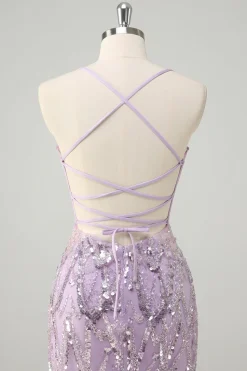 Lilás Sereia Esparguete Correias Corset Lantejoulas Vestido Longo Baile