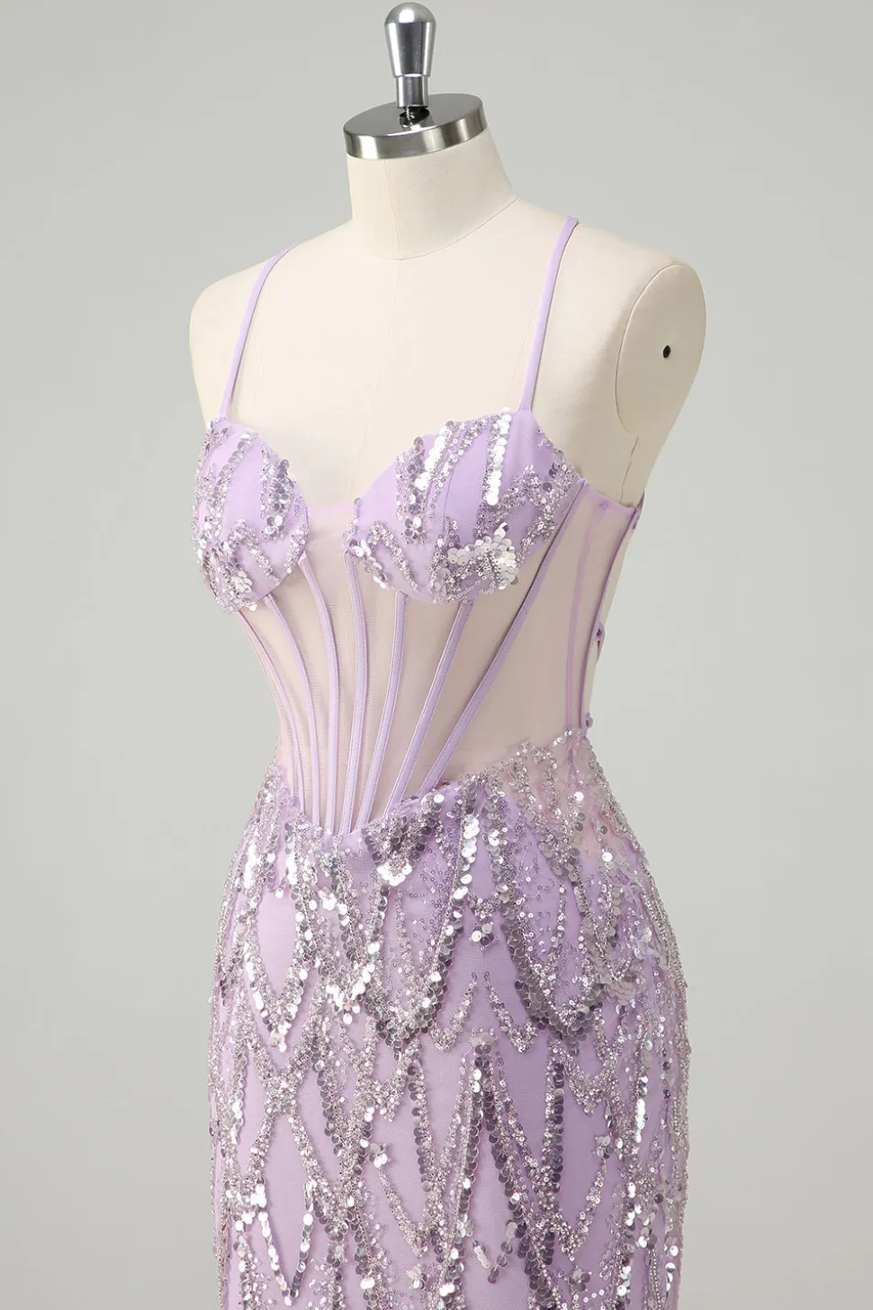Lilás Sereia Esparguete Correias Corset Lantejoulas Vestido Longo Baile