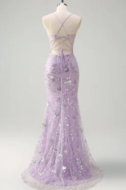 Lilás Sereia Esparguete Correias Corset Vestido de Baile de Lantejoulas com Fenda