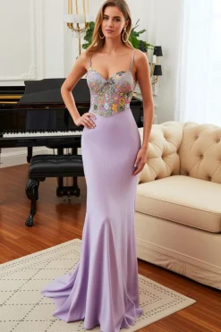 Lilás Sereia Floral Esparguete Correias Vestido Baile