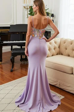 Lilás Sereia Floral Esparguete Correias Vestido Baile