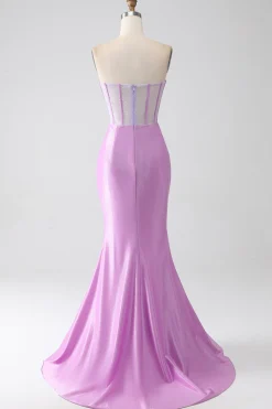 Lilás Sereia Strapless Corset Prom Dress com Fenda