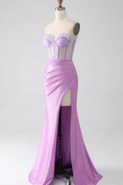Lilás Sereia Strapless Corset Prom Dress com Fenda