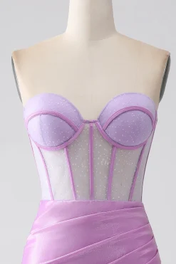 Lilás Sereia Strapless Corset Prom Dress com Fenda