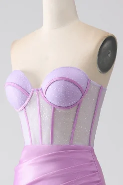 Lilás Sereia Strapless Corset Prom Dress com Fenda