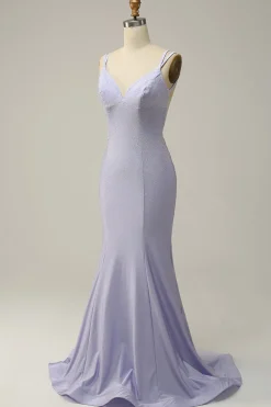 Lilás Sereia Vestido de Festa Cintas de Espaguete