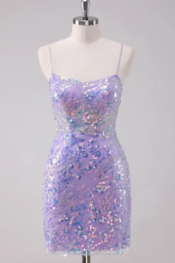 Lilás Sparkly Bodycon Sequins Vestido Curto Homecoming