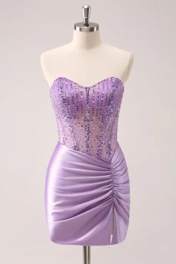 Lilás Strapless Sequins Corset Ruched Tight Homecoming Dress