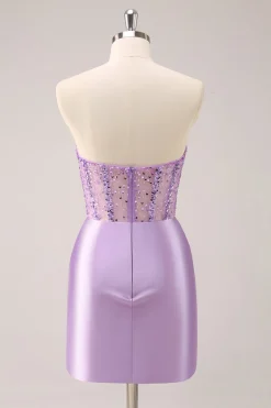 Lilás Strapless Sequins Corset Ruched Tight Homecoming Dress