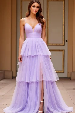 Lilás Tule Linha-A Alças Finas Longo Vestido De Baile com Fenda