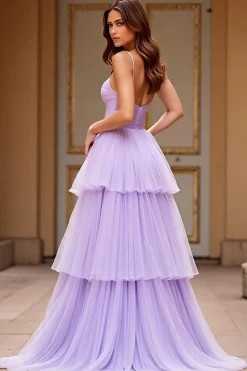 Lilás Tule Linha-A Alças Finas Longo Vestido De Baile com Fenda