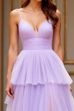 Lilás Tule Linha-A Alças Finas Longo Vestido De Baile com Fenda