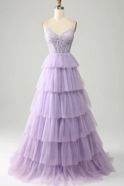 Lilás Tule Tiered Princess Corset Prom Dress com Apliques