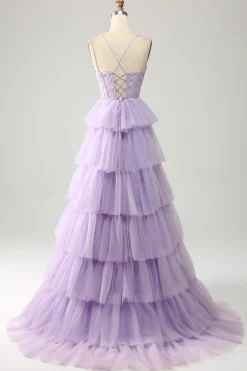 Lilás Tule Tiered Princess Corset Prom Dress com Apliques