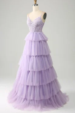Lilás Tule Tiered Princess Corset Prom Dress com Apliques