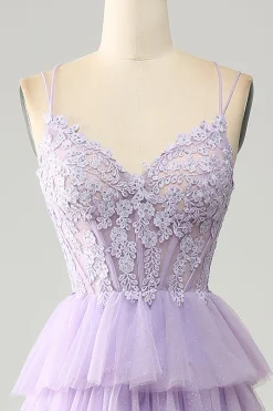 Lilás Tule Tiered Princess Corset Prom Dress com Apliques
