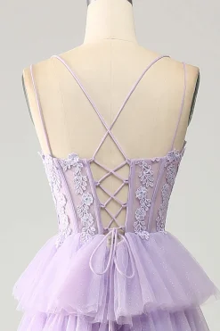 Lilás Tule Tiered Princess Corset Prom Dress com Apliques