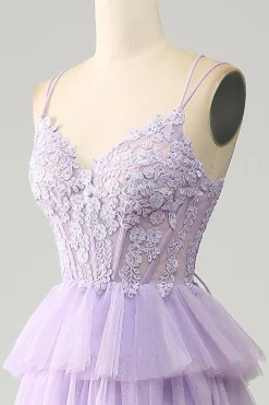 Lilás Tule Tiered Princess Corset Prom Dress com Apliques