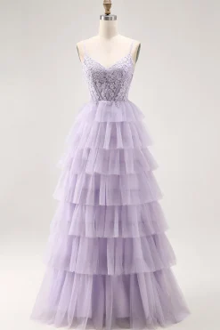 Lilás Uma Linha Corespartilho Frisado Tiered Long Prom Dress com Fenda