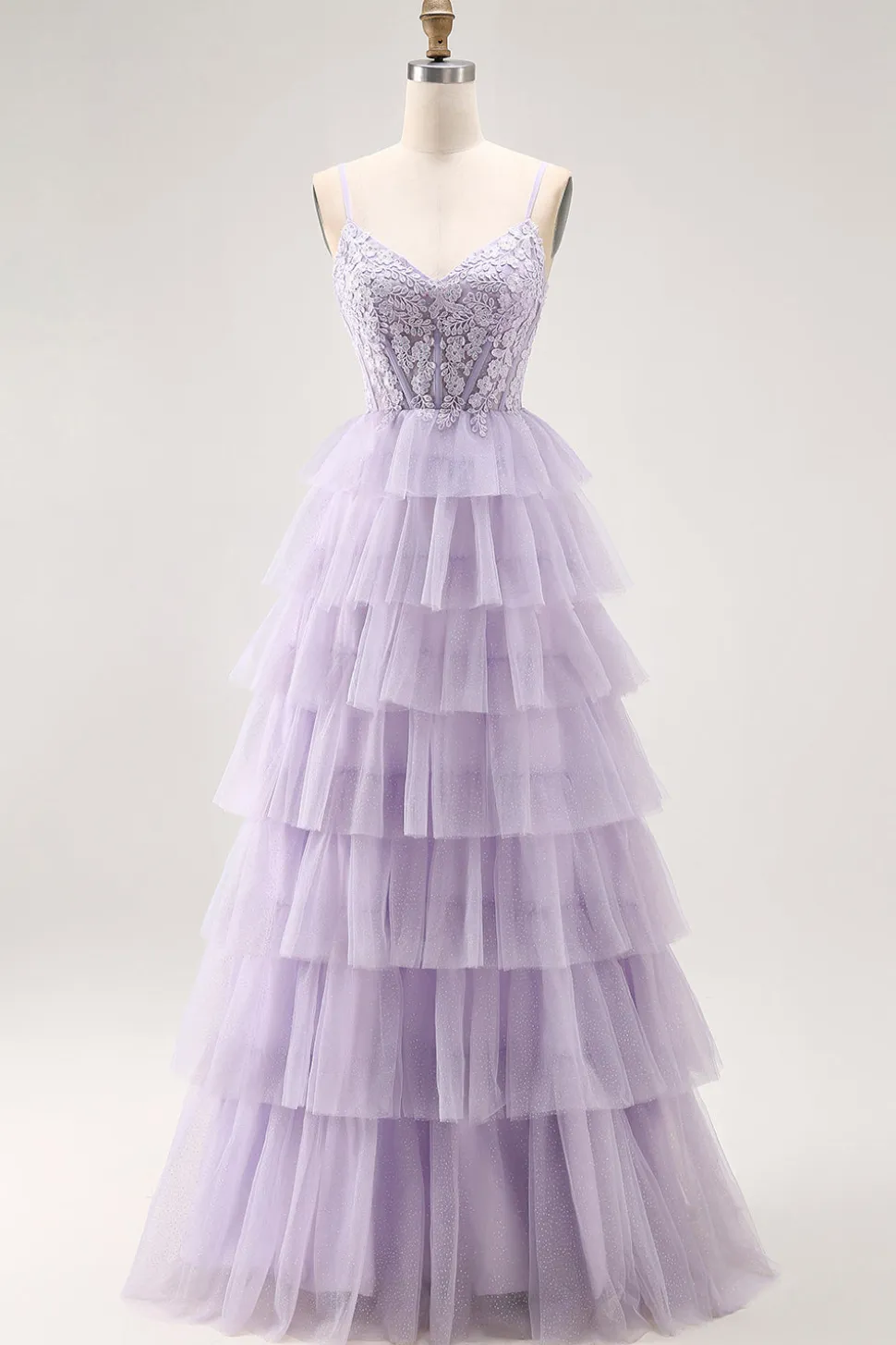 Lilás Uma Linha Corespartilho Frisado Tiered Long Prom Dress com Fenda