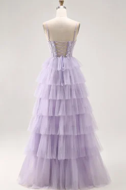 Lilás Uma Linha Corespartilho Frisado Tiered Long Prom Dress com Fenda