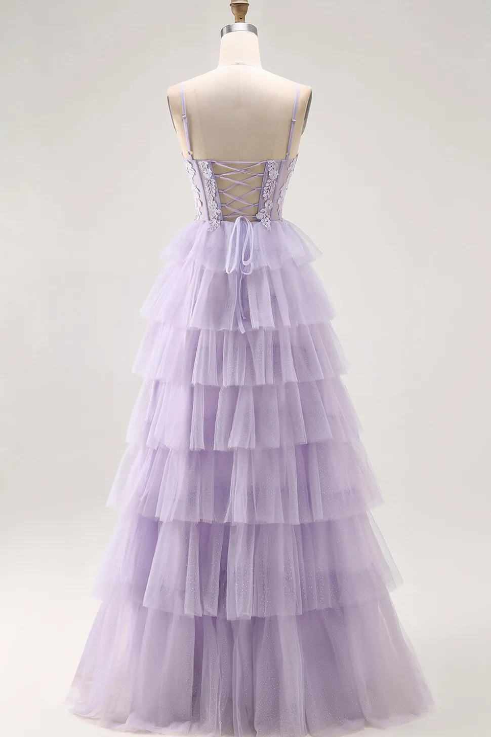 Lilás Uma Linha Corespartilho Frisado Tiered Long Prom Dress com Fenda