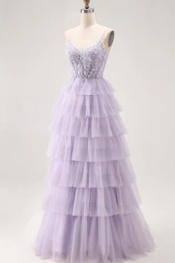 Lilás Uma Linha Corespartilho Frisado Tiered Long Prom Dress com Fenda