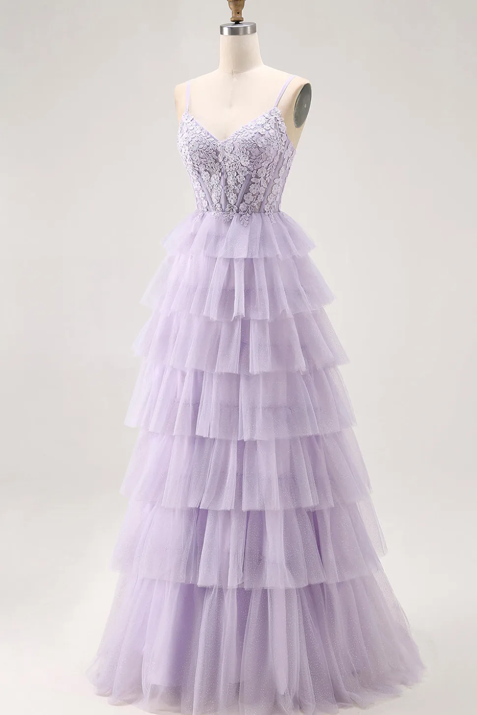 Lilás Uma Linha Corespartilho Frisado Tiered Long Prom Dress com Fenda