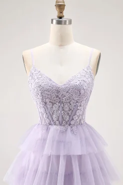 Lilás Uma Linha Corespartilho Frisado Tiered Long Prom Dress com Fenda