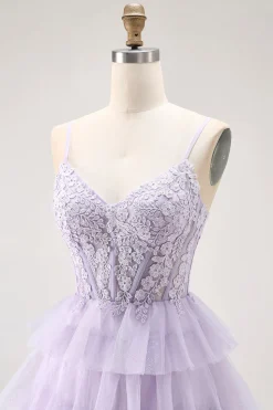 Lilás Uma Linha Corespartilho Frisado Tiered Long Prom Dress com Fenda