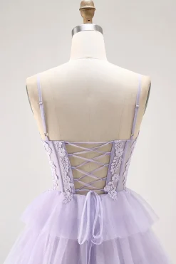 Lilás Uma Linha Corespartilho Frisado Tiered Long Prom Dress com Fenda