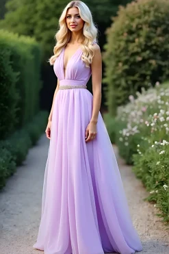 Lilás Uma Linha Deep V Neck Long Prom Dress Com Missangas