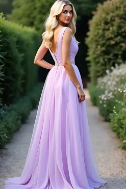 Lilás Uma Linha Deep V Neck Long Prom Dress Com Missangas