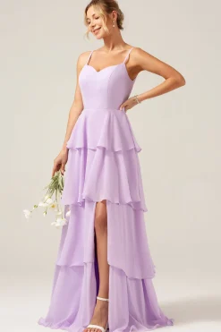 Lilás Uma Linha Esparguete Correias Chiffon Tiered Vestido Madrinha com Fenda