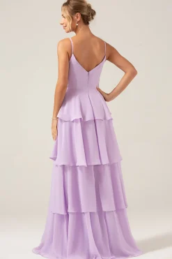 Lilás Uma Linha Esparguete Correias Chiffon Tiered Vestido Madrinha com Fenda