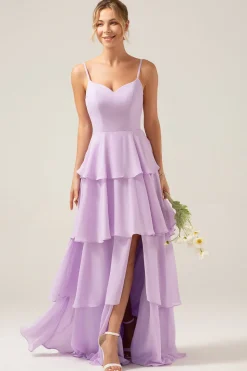 Lilás Uma Linha Esparguete Correias Chiffon Tiered Vestido Madrinha com Fenda