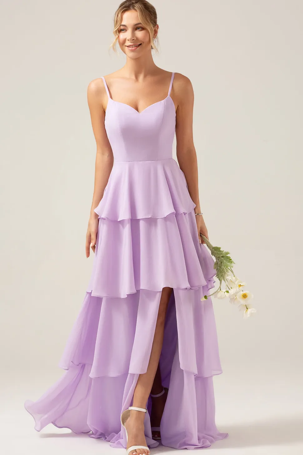 Lilás Uma Linha Esparguete Correias Chiffon Tiered Vestido Madrinha com Fenda