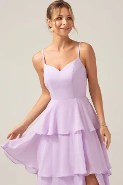 Lilás Uma Linha Esparguete Correias Chiffon Tiered Vestido Madrinha com Fenda