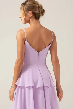 Lilás Uma Linha Esparguete Correias Chiffon Tiered Vestido Madrinha com Fenda