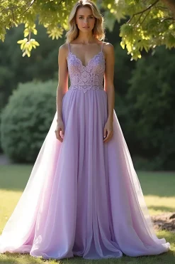 Lilás Uma Linha Esparguete Correias Vestido Longo de Baile Com Apliques de Renda