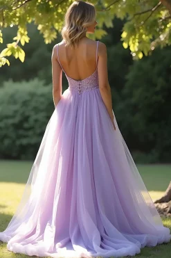 Lilás Uma Linha Esparguete Correias Vestido Longo de Baile Com Apliques de Renda